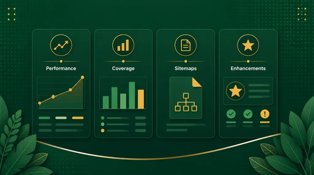 ארבעת הדוחות המרכזיים של Google Search Console - Performance, Coverage, Sitemaps, Enhancements