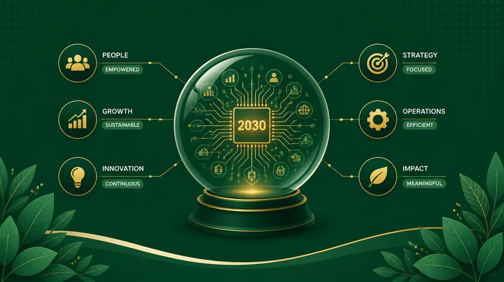 תרשים: כדור בדולח עתידני עם דגמי AI ותווית 2030 בתוכו