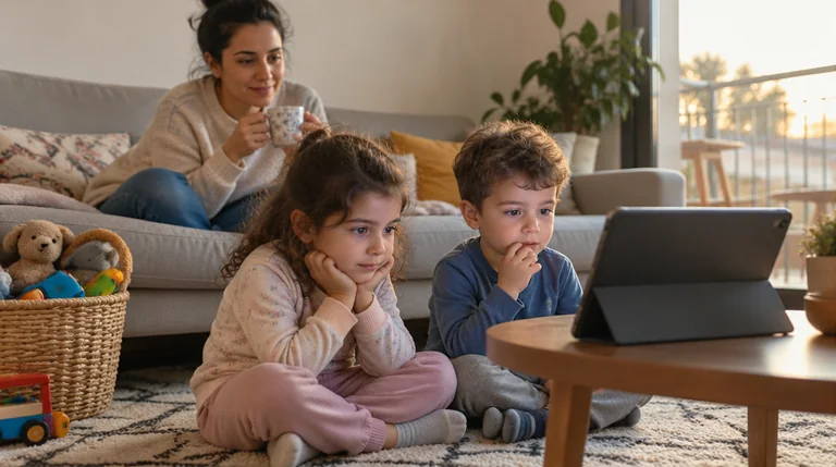 שני ילדים צופים בסרטון חינוכי בטאבלט בסלון ואמא צופה איתם מהספה