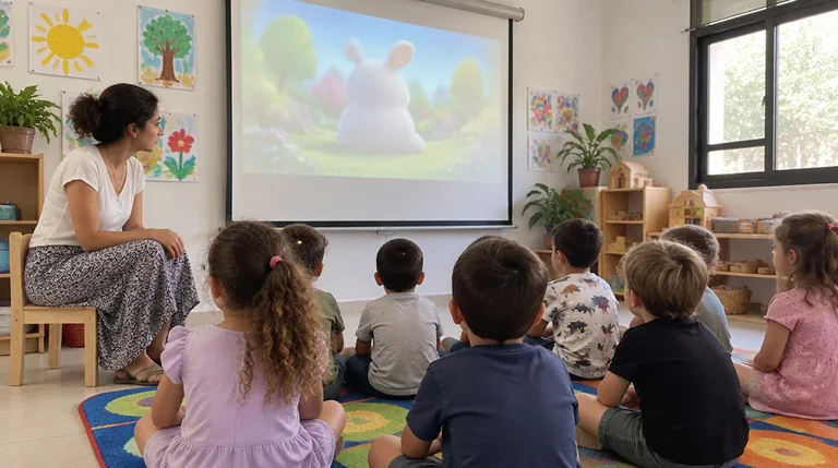 גננת יושבת ליד מסך הקרנה וילדי גן על השטיח צופים בסרטון אנימציה