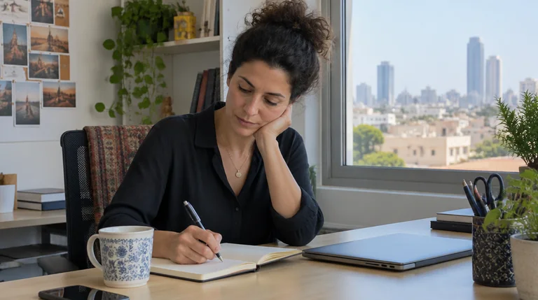משווקת דיגיטלית כותבת במחברת ליד שולחן עבודה במשרד קטן