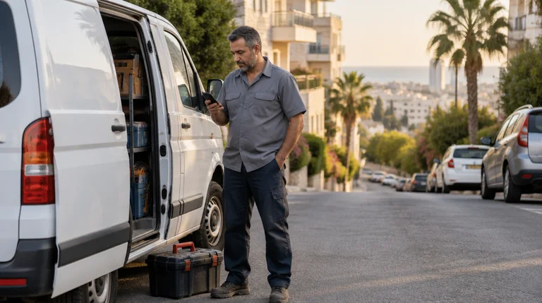 טכנאי מקררים עומד ליד רכב השירות שלו ובודק את הטלפון