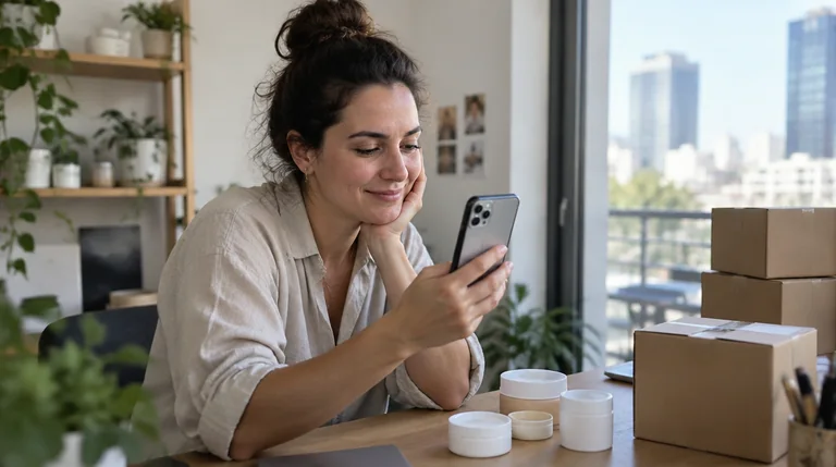 בעלת מותג טיפוח קטן צופה בקליפ אנכי בטלפון ליד שולחן עבודה ביתי