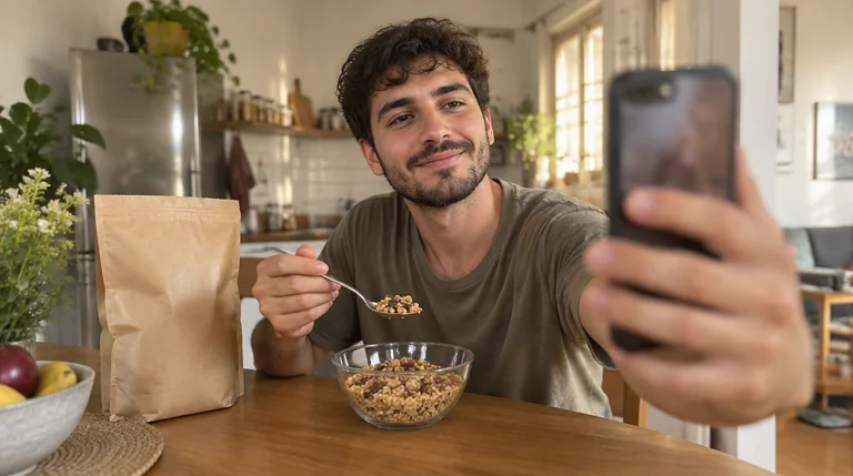 יוצר תוכן צעיר מצלם את עצמו בטלפון טועם גרנולה ליד שולחן במטבח ביתי