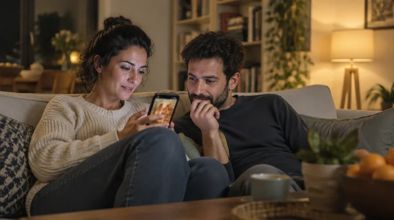 זוג ישראלי צופה בפרסומת בטלפון על הספה בערב