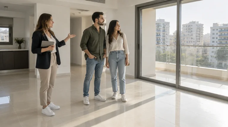 מתווכת מראה לזוג צעיר דירה מוארת עם יציאה למרפסת