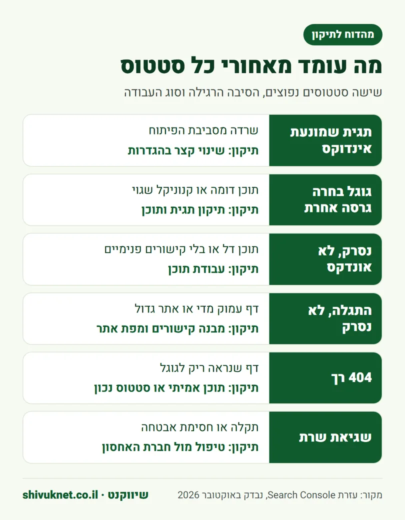 שישה סטטוסים נפוצים בדוח האינדוקס, הסיבה וסוג התיקון לכל אחד