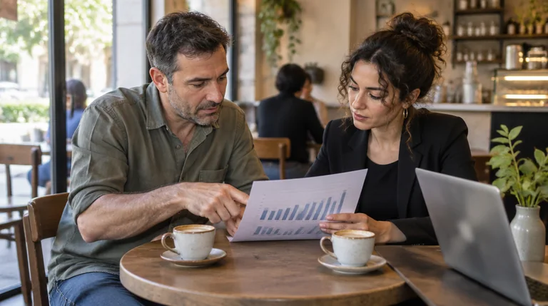 יועץ ובעלת עסק עוברים יחד על דוח חודשי בבית קפה