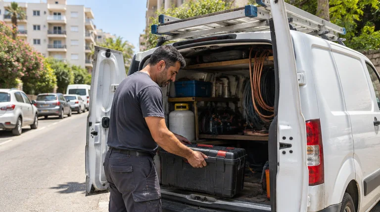 טכנאי מיזוג מוציא ארגז כלים מרכב עבודה ברחוב מגורים