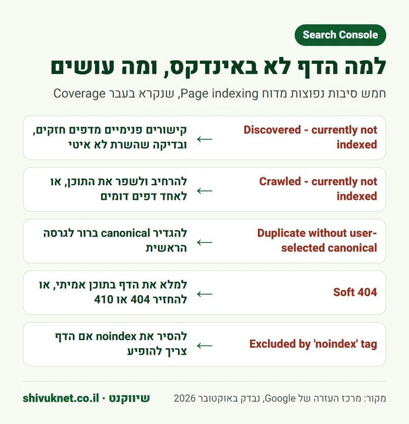 חמש סיבות שבגללן דף לא נכנס לאינדקס של גוגל ומה עושים בכל מקרה