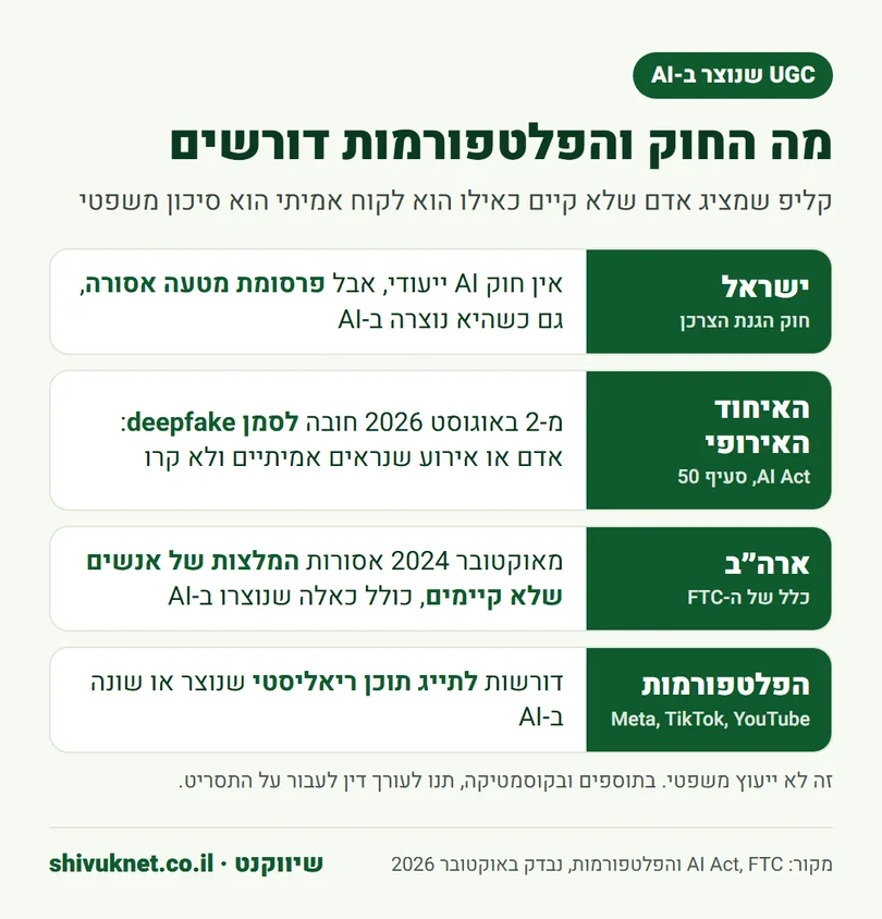 טבלה של חובות הסימון לסרטוני AI בישראל, באיחוד האירופי, בארה״ב ובפלטפורמות
