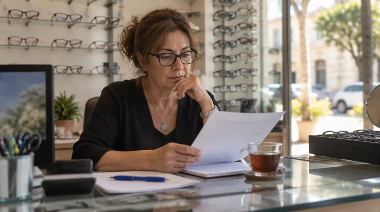 בעלת חנות אופטיקה יושבת מאחורי הדלפק ובודקת חשבונית חודשית מודפסת