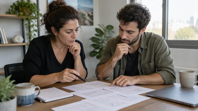 בעלת עסק ומפתח אתרים יושבים ליד שולחן ועוברים על סקיצות של מערכת