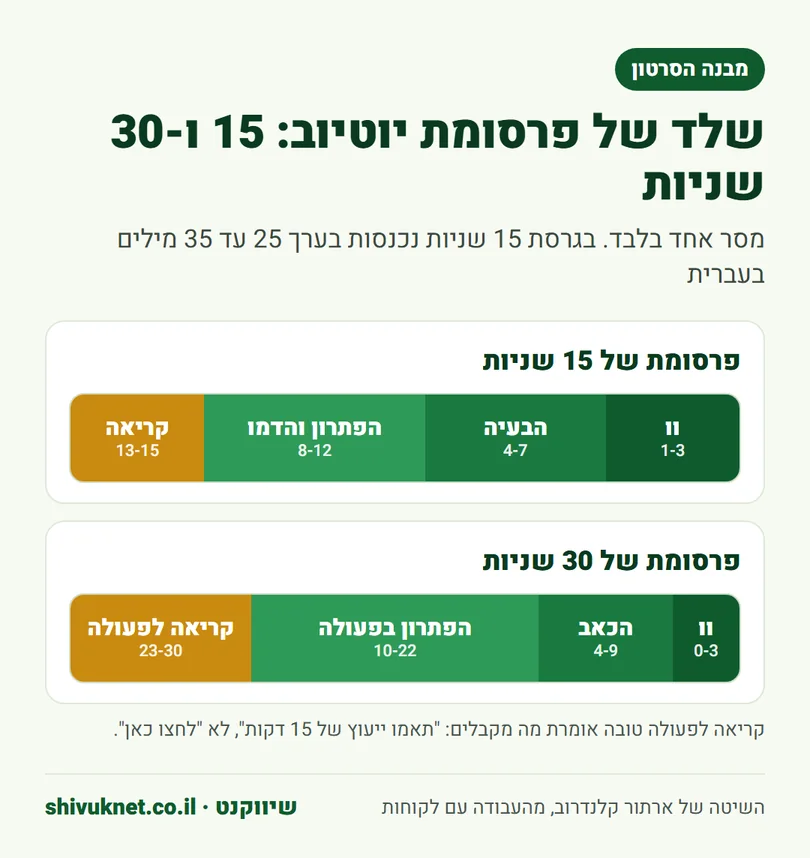 שלד של פרסומת יוטיוב באורך 15 ו-30 שניות: וו, בעיה, פתרון וקריאה לפעולה