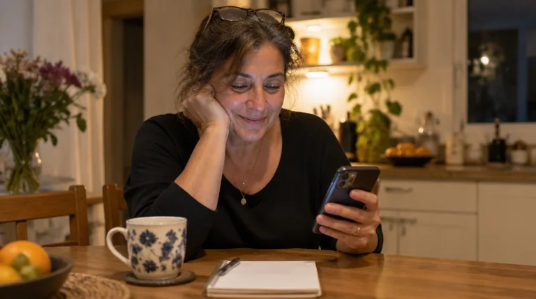 אישה יושבת במטבח בבית וצופה בסרטון בטלפון לפני ביקור