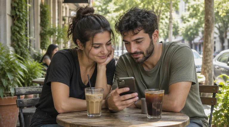 זוג צעיר יושב בבית קפה וצופה יחד בסרטון בטלפון