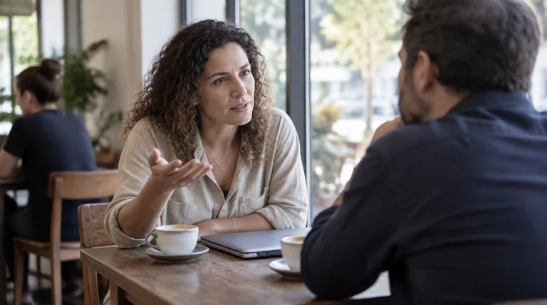 בעלת עסק שואלת שאלות את יועץ השיווק בפגישה בבית קפה לפני חתימה
