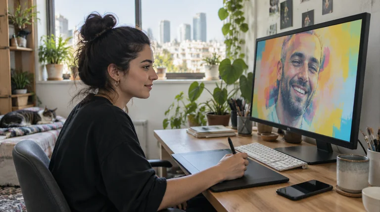מעצבת גרפית עובדת על תמונת כיסוי צבעונית מול מסך גדול בסטודיו