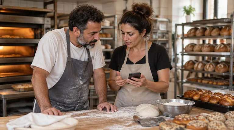 שני שותפים במאפייה משפחתית מתייעצים מול הטלפון ליד דלפק עם קמח