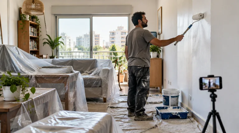 גבר צובע קיר בסלון עם רולר, וטלפון על חצובה מצלם אותו