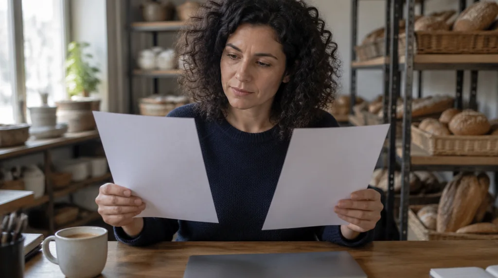 בעלת מאפייה יושבת ליד שולחן ומשווה בין שתי הצעות מחיר מודפסות