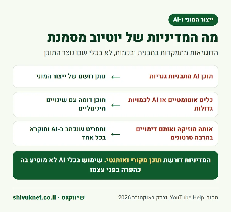 שלוש דוגמאות לתוכן בייצור המוני שמדיניות יוטיוב מסמנת, כולל תוכן AI מתבניות