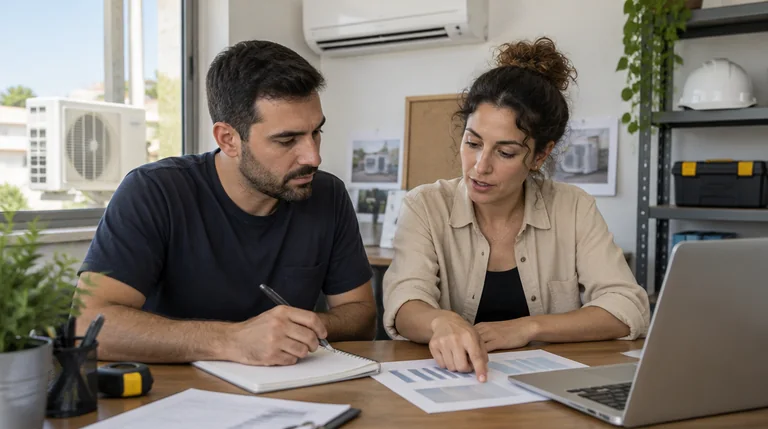 שני שותפים בעסק קטן לומדים יחד דף תוצאות ומחברת על השולחן