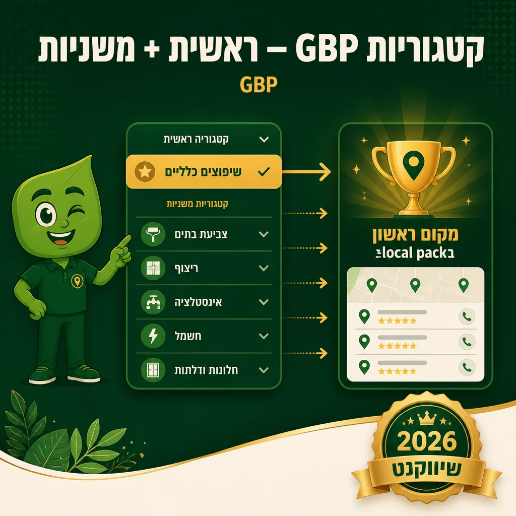 מסך בחירת קטגוריות Google Business Profile עם קטגוריה ראשית ומשניות
