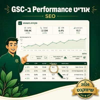 מסך GSC Performance עם סגמנטציה ידנית לפי position ו-CTR