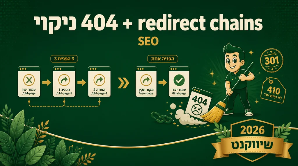 דוח Pages ב-Search Console עם סטטוסי 404 ו-redirects