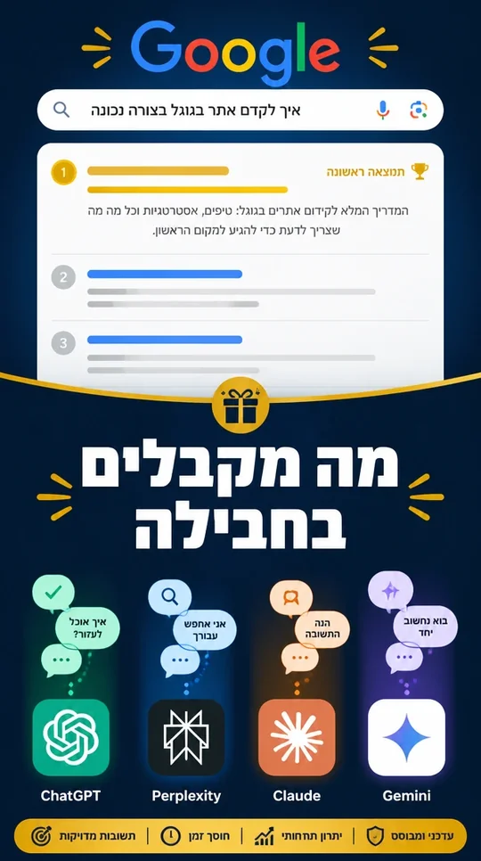 תקציר חזותי של מה כלול בחבילת קידום אתרים - קידום אורגני בגוגל ובמנועי AI