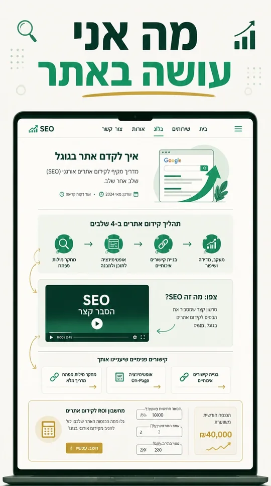 תקציר חזותי של עבודת קידום אתרים בתוך האתר - מאמרים, אינפוגרפיקות, קישורים פנימיים