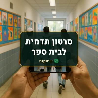 סרטון תדמית לבית ספר: יד מצלמת בטלפון מסדרון מואר עם עבודות תלמידים צבעוניות על הקירות