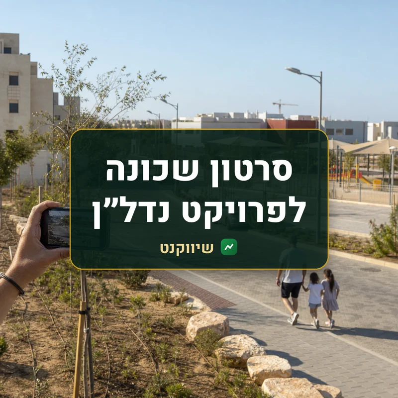 סרטון שכונה לפרויקט נדל״ן: יד מצלמת בטלפון רחוב בשכונה חדשה עם עצים צעירים וגן שעשועים