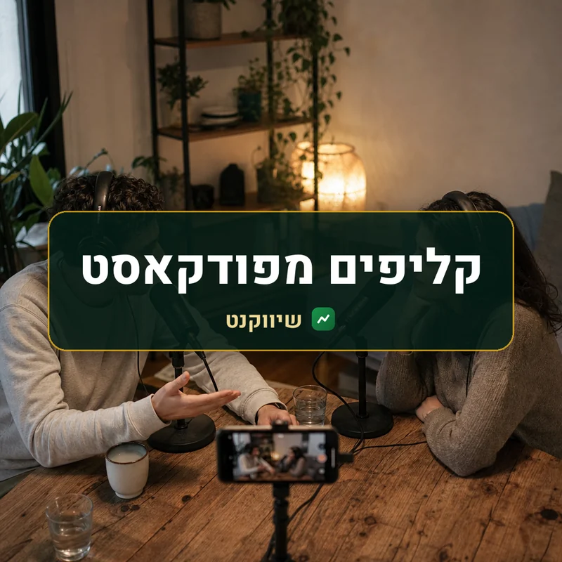 קליפים מפודקאסט: שני אנשים מקליטים פודקאסט ליד שולחן עץ עם מיקרופונים, וטלפון מצלם אותם