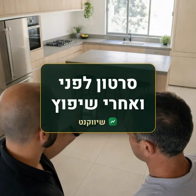 סרטון לפני ואחרי שיפוץ: מטבח חדש, ויד של קבלן מחזיקה טלפון עם המטבח הישן