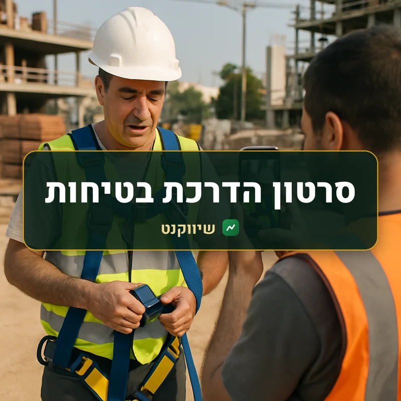 סרטון הדרכת בטיחות: ממונה בטיחות בקסדה ואפוד זוהר מדגים חגירת רתמה, ועמית מצלם בטלפון