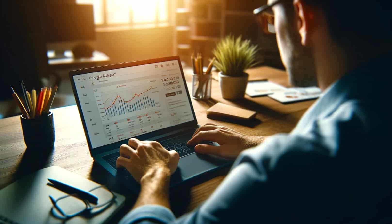 בעל עסק בוחן נתונים ומדדים מרכזיים ב-Google Analytics במחשב נייד