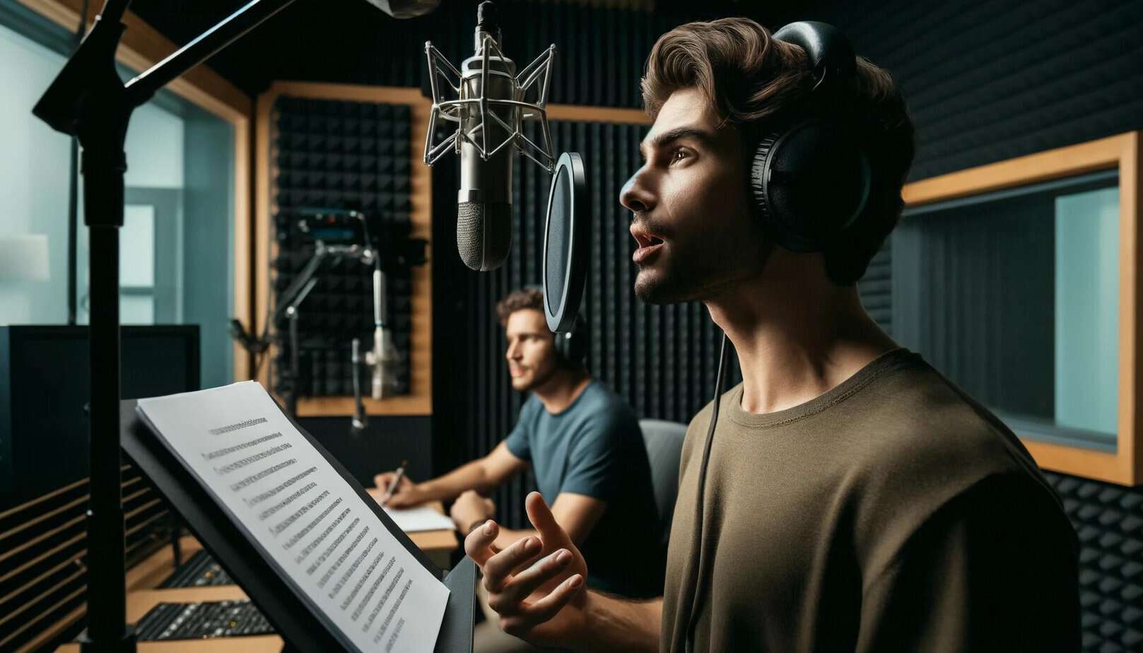 שחקן קול מקצועי מוסר את תסריט סרטון האנימציה באולפן