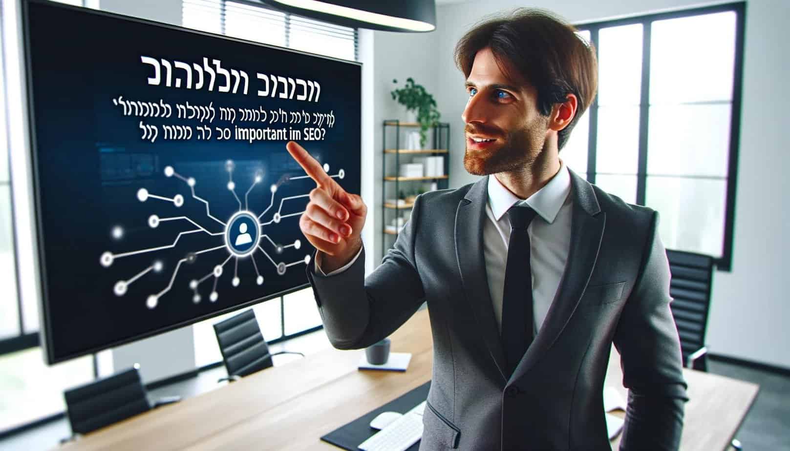 איש עסקים מסביר את המושג והחשיבות של טקסט עוגן לקידום אתרים תוך הצבעה על מסך עם כיתוב בעברית