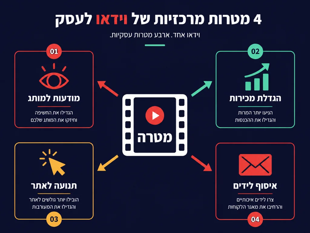 אינפוגרפיקה: 4 מטרות עיקריות של סרטון תדמית - מודעות, מכירות, תנועה ולידים