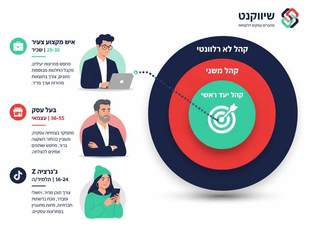 איור: התאמת קהל יעד לסרטון תדמית - מטרת בולסיי עם שלוש דמויות פרסונה