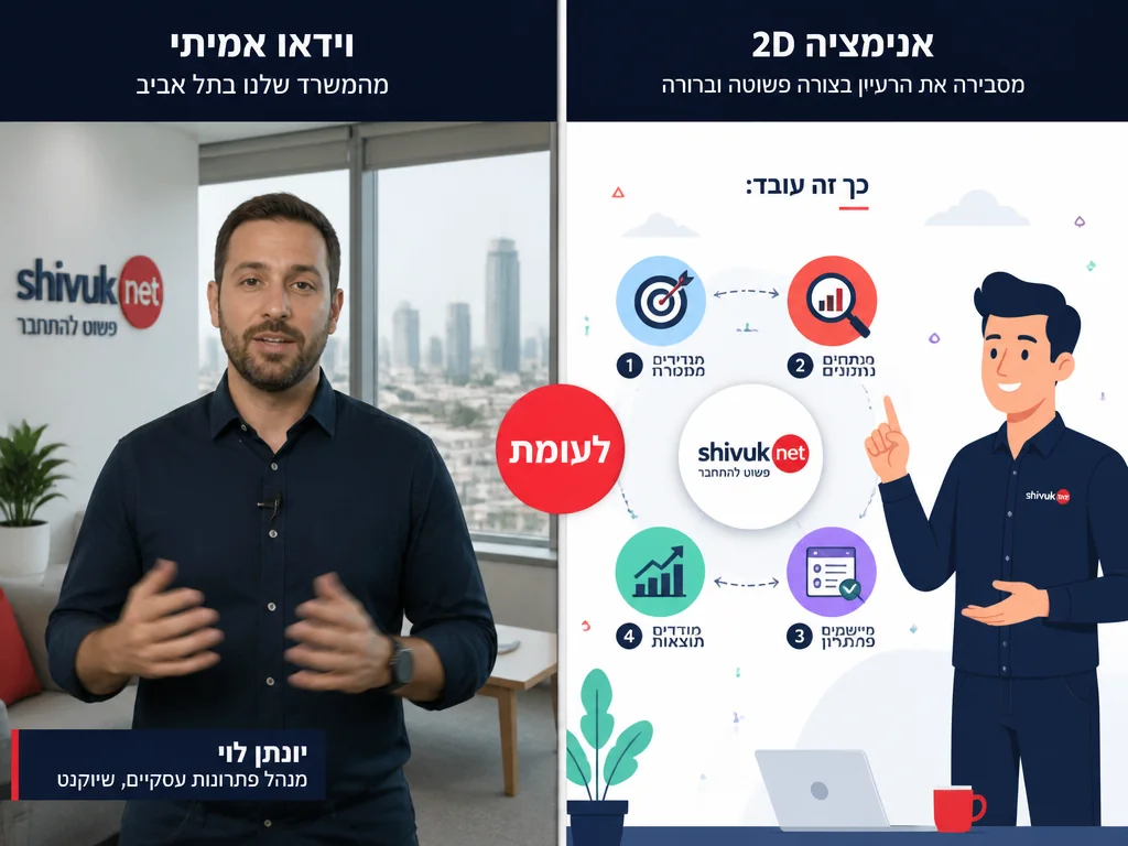 השוואה ויזואלית: סרטון תדמית מצולם לעומת סרטון תדמית באנימציה