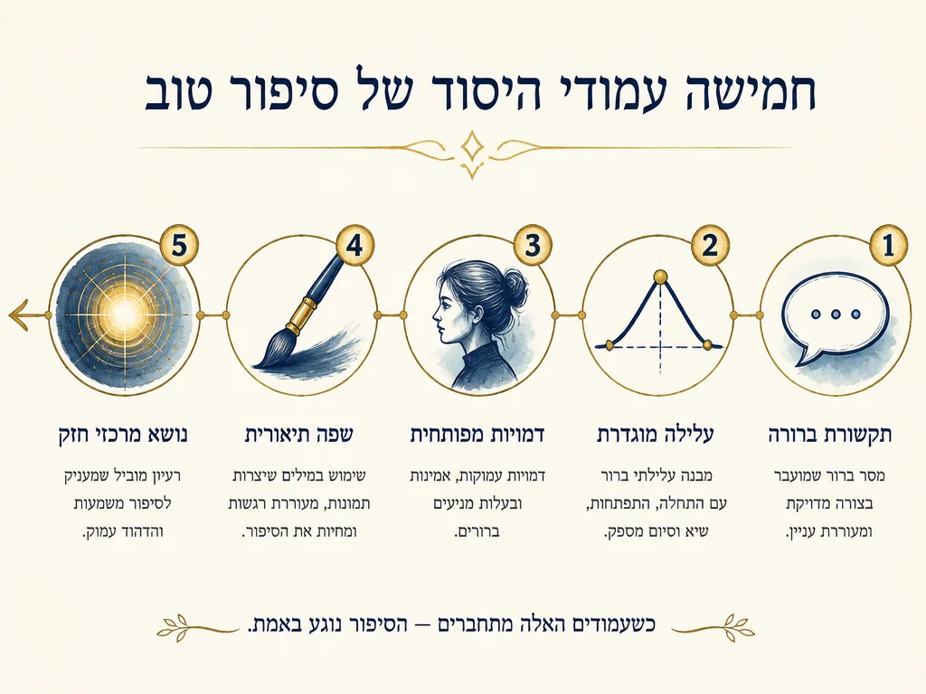 אינפוגרפיקה: חמשת עמודי הסטוריטלינג - תקשורת, עלילה, דמות, שפה תיאורית ונושא