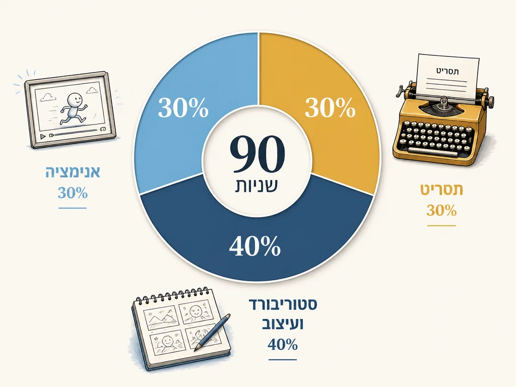 תרשים זמני הפקה: 30% תסריט, 40% סטוריבורד ועיצוב, 30% אנימציה - לסרטון מסביר של 90 שניות