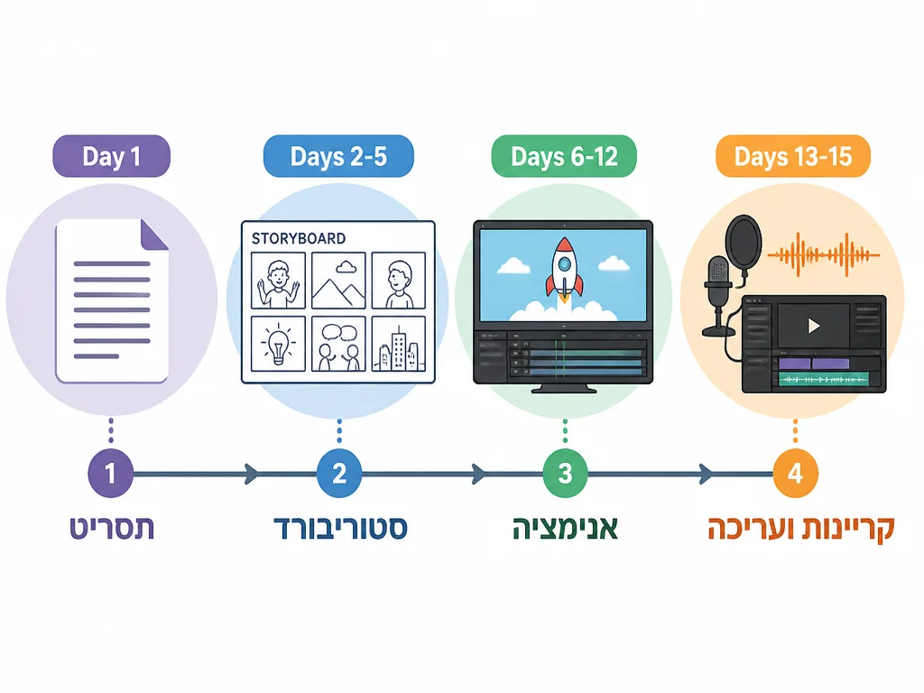 ציר זמן הפקת סרטון הדרכה של 60-120 שניות בשיווקנט - 10 עד 15 ימי עבודה בארבעה שלבים
