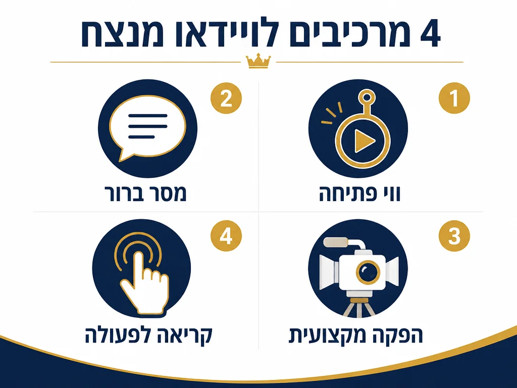 ארבעת המרכיבים של סרטון תדמית אפקטיבי: וו פתיחה, מסר ברור, הפקה מקצועית, קריאה לפעולה