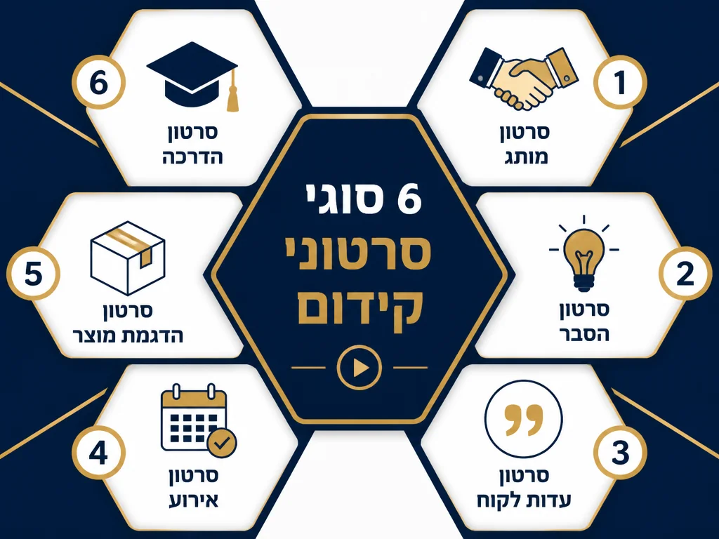 ששת סוגי סרטוני התדמית: מותג, הסבר, עדות לקוחות, אירועים, הדגמת מוצר, הדרכה
