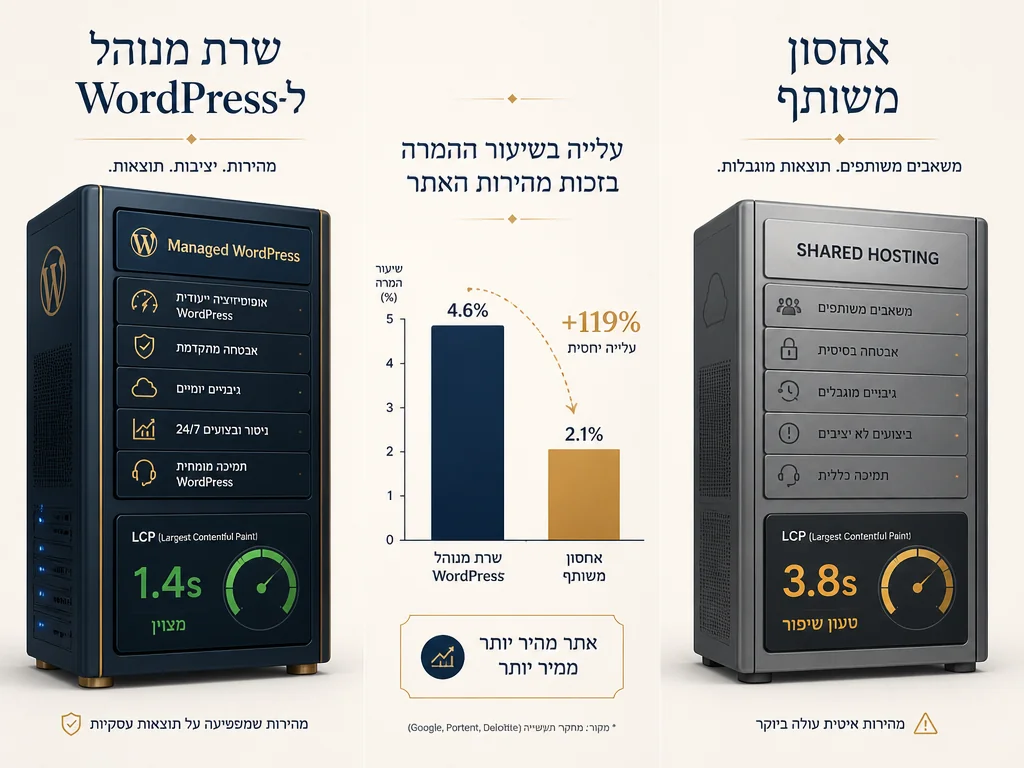 השוואה: אחסון מנוהל לוורדפרס מול אחסון משותף - פער של 2.4 שניות ב-LCP