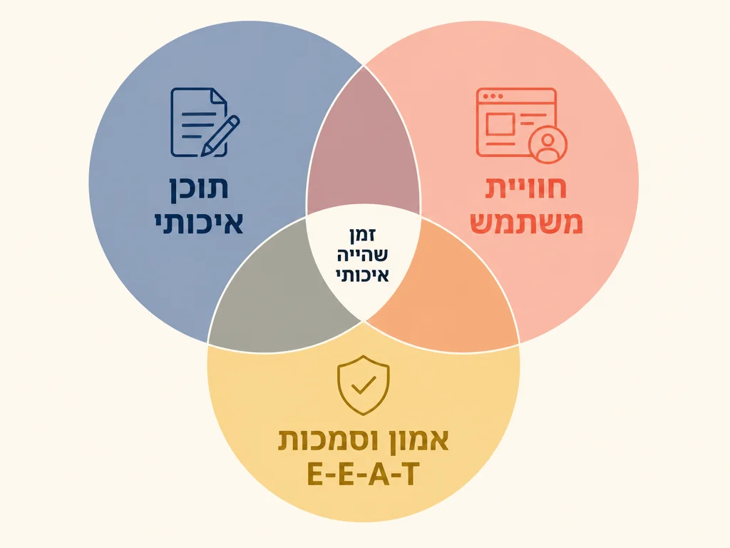 דיאגרמת ון המציגה את שלושת הנדבכים של זמן שהייה איכותי: תוכן, חוויית משתמש ואמון E-E-A-T